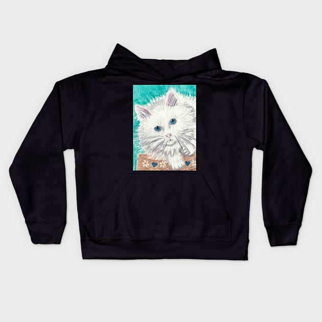 Fluffy white cat watercolor painting Kids Hoodie by SamsArtworks